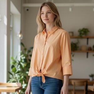 Chico's Size 1 (8/10) Peach Cotton Voile Tie Front Shirt Button Up Elastic Back